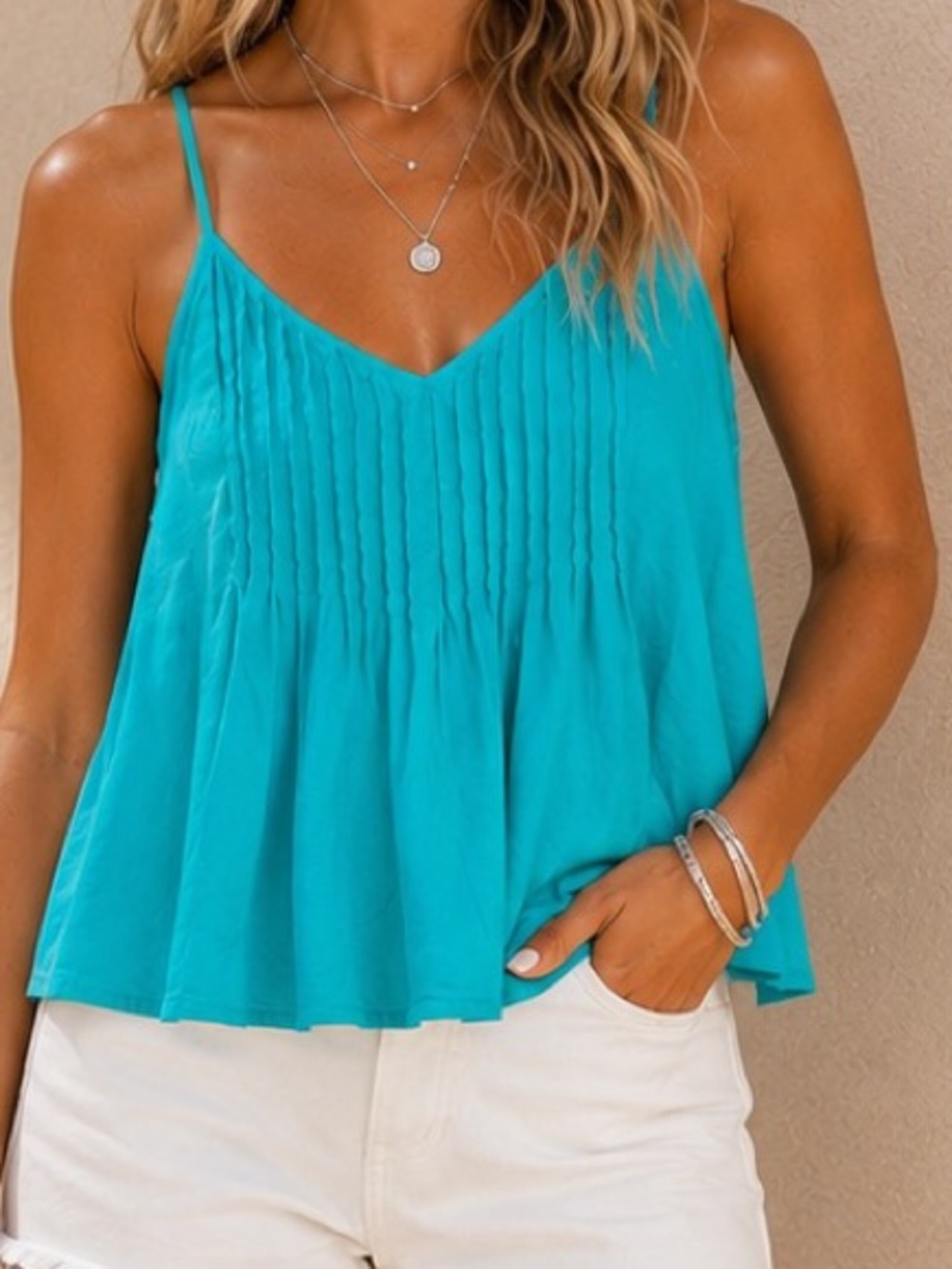 KENAR Linen Spaghetti Strap Pleated Lined Turquoise Cami Top, Size Large